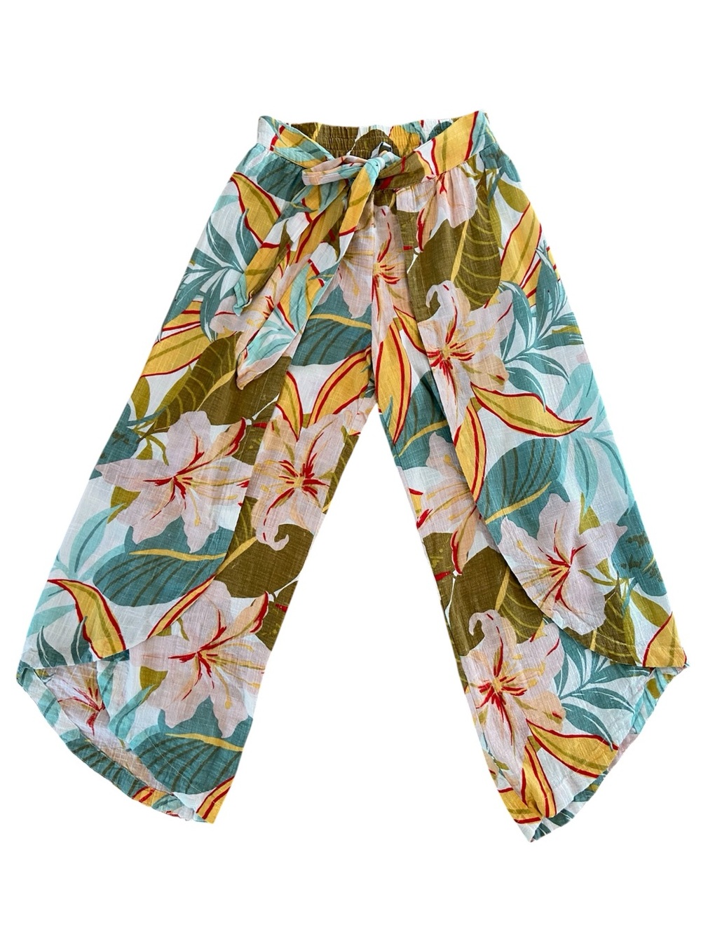 Blue Island Floral Print Wrap Cotton Linen Flowy Pants Size Medium